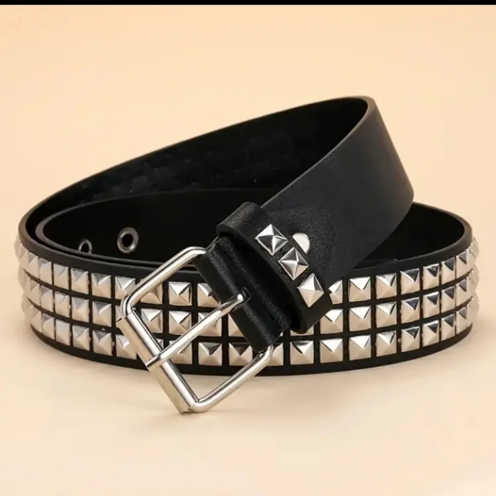 Black PU Leather Belt with Silver Studded Pyramid Rivets Y2K Goth Grunge Punk